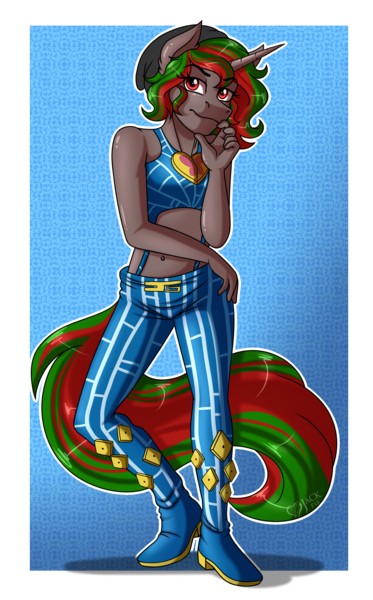 Size: 2300x3700 | Tagged: safe, artist:jack-pie, derpibooru import, oc, unofficial characters only, anthro, plantigrade anthro, unicorn, anthro oc, clothes, commission, female, high res, image, jojo pose, jojo's bizarre adventure, jolyne kujo, pants, png, solo, stone ocean