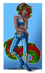 Size: 2300x3700 | Tagged: safe, artist:jack-pie, derpibooru import, oc, unofficial characters only, anthro, plantigrade anthro, unicorn, anthro oc, clothes, commission, female, high res, image, jojo pose, jojo's bizarre adventure, jolyne kujo, pants, png, solo, stone ocean