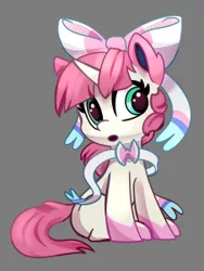 Size: 226x301 | Tagged: safe, artist:lilfunkman, derpibooru import, oc, oc:ducky ink, unofficial characters only, pony, sylveon, unicorn, bow, cute, female, gray background, hair bow, mare, pokémon, simple background, sitting, solo