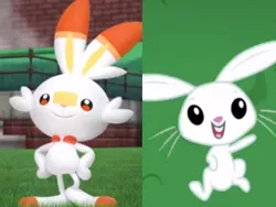 Size: 320x240 | Tagged: angel bunny, animal, building, comparison, derpibooru import, fence, grass, pokémon, pokemon generation 8, pokemon shield, pokemon sword, pokemon sword and shield, rabbit, safe, scorbunny, smiling, spoilers for another series, tree, whiskers