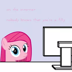 Size: 600x600 | Tagged: artist needed, computer, derpibooru import, desk, female, filly, looking at you, meme, on the internet nobody knows you're a dog, pinkamena diane pie, pinkie pie, reaction image, safe, solo, stare, sweetie belle's stare, text