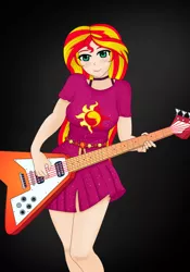 Size: 596x850 | Tagged: safe, artist:anonix123, derpibooru import, sunset shimmer, human, equestria girls, equestria girls series, spring breakdown, spoiler:eqg series (season 2), beautiful, clothes, cute, dark background, dress, guitar, human coloration, legs, musical instrument, skirt, smiling, solo