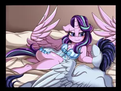 Size: 1332x1003 | Tagged: suggestive, artist:pridark, derpibooru import, edit, soarin', starlight glimmer, oc, alicorn, anthro, changeling, pegasus, unguligrade anthro, alicornified, bed, bedroom eyes, blushing, border, bow, breasts, busty starlight glimmer, changeling oc, changeling x pony, clothes, commission, crack ship oc, crack shipping, cropped, disguise, disguised changeling, ear fluff, eyelashes, fake starlight glimmer, female, floppy ears, glimmin', horn, image, imminent sex, interspecies, large wings, looking at each other, male, nightgown, on bed, png, race swap, shipping, smiling, spread wings, starlicorn, straight, wings, xk-class end-of-the-world scenario