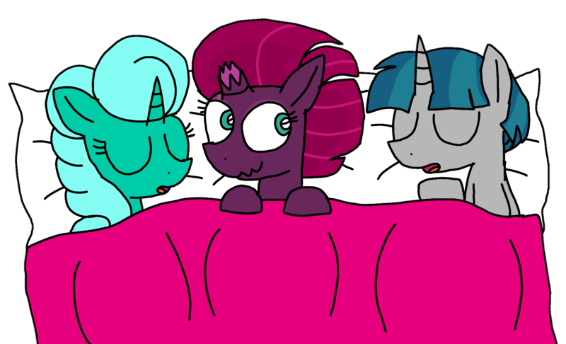 Size: 1685x1023 | Tagged: safe, artist:徐詩珮, derpibooru import, fizzlepop berrytwist, glitter drops, stygian, tempest shadow, pony, unicorn, bed, bisexual, broken horn, female, glittergian, glittershadow, glittershadowgian, horn, lesbian, male, pillow, polyamory, shipping, simple background, sleeping, straight, stygian gets all the mares, tempgian, transparent background