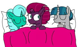 Size: 1685x1023 | Tagged: safe, artist:徐詩珮, derpibooru import, fizzlepop berrytwist, glitter drops, stygian, tempest shadow, pony, unicorn, bed, bisexual, broken horn, female, glittergian, glittershadow, glittershadowgian, horn, lesbian, male, pillow, polyamory, shipping, simple background, sleeping, straight, stygian gets all the mares, tempgian, transparent background