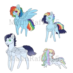 Size: 888x888 | Tagged: safe, artist:malinraf1615, derpibooru import, rainbow dash, soarin', oc, oc:maxillian, oc:rainbow pastel, pony, chest fluff, colt, family, female, filly, heterochromia, male, missing cutie mark, multicolored hair, no pupils, obtrusive watermark, offspring, parent:rainbow dash, parent:soarin', parents:soarindash, rainbow hair, shipping, simple background, soarindash, spread wings, straight, transparent background, watermark, wings