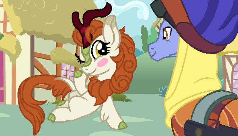 Size: 844x482 | Tagged: safe, artist:thatonecrazyartist18, derpibooru import, autumn blaze, hoo'far, pony, saddle arabian, unicorn, awwtumn blaze, bag, blushing, building, bush, clothes, crack shipping, cute, female, goggles, headscarf, hoo'blaze, interspecies, male, one eye closed, ponyville, raised hoof, saddle bag, scarf, seductive, seductive pose, shipping, sky, stallion, straight, wink