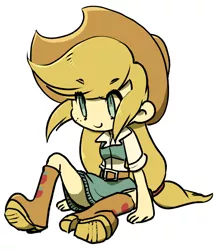 Size: 1249x1405 | Tagged: safe, artist:hacha, derpibooru import, applejack, human, equestria girls, applejack's hat, belt, boots, clothes, cowboy hat, cute, denim skirt, female, hat, human coloration, humanized, jackabetes, pixiv, rolled up sleeves, shoes, sitting, skirt, solo, stetson, strategically covered