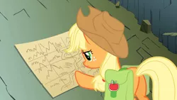 Size: 1920x1080 | Tagged: safe, derpibooru import, screencap, applejack, pony, dragonshy, applejack's hat, bag, butt, cowboy hat, dragon mountain, female, freckles, hat, looking down, map, mare, mountain, plot, saddle bag, serious, serious face, solo, stetson