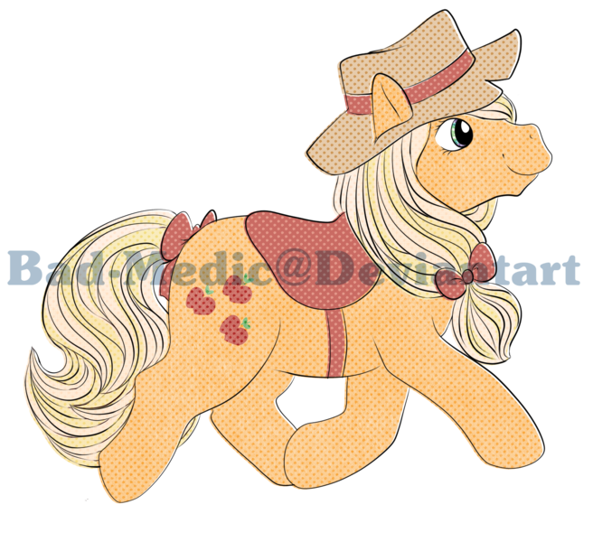 Size: 1400x1280 | Tagged: applejack, applejack's hat, artist:bad-medic, bow, cowboy hat, derpibooru import, deviantart watermark, g1, g4 to g1, generation leap, hat, obtrusive watermark, saddle, safe, simple background, solo, sticker, sticker design, tack, tail bow, transparent background, watermark