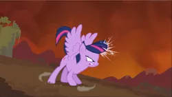 Size: 1667x940 | Tagged: safe, derpibooru import, screencap, twilight sparkle, twilight sparkle (alicorn), alicorn, pony, twilight's kingdom, female, fight, furious, glowing horn, gritted teeth, horn, mare, narrowed eyes, solo, spread wings, windswept mane, wings