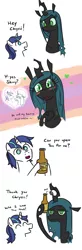 Size: 556x1700 | Tagged: safe, artist:jargon scott, derpibooru import, autumn blaze, queen chrysalis, shining armor, changeling, changeling queen, kirin, unicorn, :>, :t, blushing, bottle, bottle opener, comic, cute, eye contact, eyes closed, fangs, female, frown, glare, happy, heart, hoof hold, horn, kirin beer, kirin ichiban, lidded eyes, looking at each other, mundane utility, open mouth, queen chrysalis is not amused, shining adorable, simple background, size difference, slit pupils, text, unamused