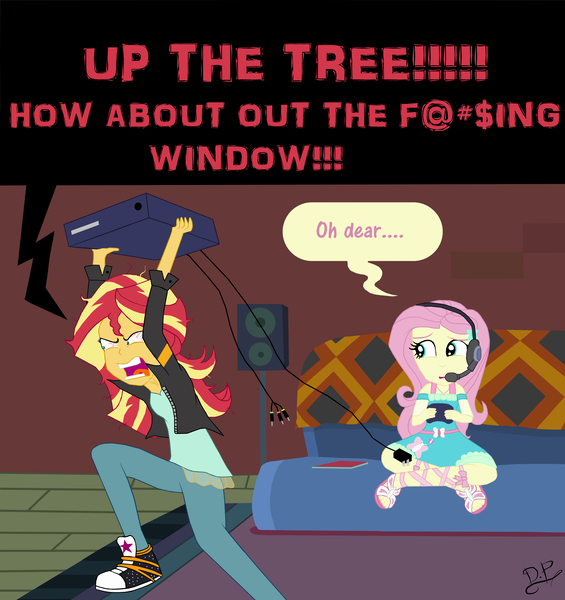 Size: 2952x3136 | Tagged: safe, artist:dazzpocalypse, derpibooru import, fluttershy, sunset shimmer, equestria girls, equestria girls series, game stream, spoiler:eqg series (season 2), bloodshot eyes, clothes, controller, converse, funny, gamer fluttershy, gamer sunset, gamershy, meme, rage, rage face, shoes, sneakers, sunset shimmer frustrated at game, vulgar