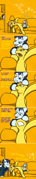 Size: 800x3965 | Tagged: safe, artist:captainhoers, derpibooru import, soarin', spitfire, oc, oc:concorde, pegasus, pony, firestarter spitfire, baby, baby pony, beard, bored, chest fluff, clothes, couch, dialogue, facial hair, family, female, filly, floppy ears, happy, jacket, male, music notes, offspring, onesie, pacifier, parent:soarin', parent:spitfire, parents:soarinfire, shipping, soarinfire, straight