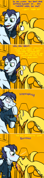 Size: 800x3171 | Tagged: safe, artist:captainhoers, derpibooru import, soarin', spitfire, pony, firestarter spitfire, beard, blushing, boop, comic, facial hair, female, male, neigh, noseboop, nuzzling, rearing, shipping, smiling, smirk, soarinfire, straight