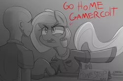 Size: 1237x816 | Tagged: safe, artist:nignogs, derpibooru import, oc, oc:anon, unofficial characters only, human, pony, duo, female, gamestop, human male, law & order: special victims unit, male, mare, misandry, monochrome, reversed gender roles equestria, sad, sexism, yelling