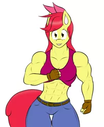 Size: 1280x1570 | Tagged: safe, artist:matchstickman, derpibooru import, apple bloom, anthro, tumblr:where the apple blossoms, abs, apple bloom's bow, apple brawn, biceps, bow, breasts, busty apple bloom, clothes, deltoids, female, fingerless gloves, gloves, hair bow, image, jeans, looking at you, matchstickman's apple brawn series, midriff, muscles, older, older apple bloom, pants, png, shirt, shirt lift, simple background, sleeveless, solo, tumblr comic, white background