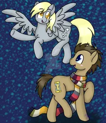 Size: 1024x1183 | Tagged: safe, artist:angelskies, derpibooru import, derpy hooves, doctor whooves, time turner, pony, clothes, doctorderpy, female, fourth doctor's scarf, male, obtrusive watermark, scarf, shipping, straight, watermark