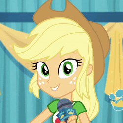Size: 800x800 | Tagged: safe, derpibooru import, screencap, applejack, best in show: the pre-show, equestria girls, equestria girls series, spoiler:eqg series (season 2), animated, applejack's hat, cowboy hat, cropped, cute, freckles, geode of super strength, gif, hat, jackabetes, magical geodes, microphone, yeehaw