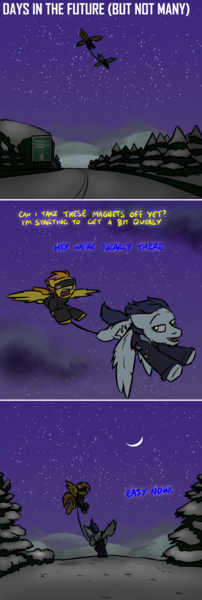 Size: 800x2377 | Tagged: safe, artist:captainhoers, derpibooru import, soarin', spitfire, pegasus, pony, firestarter spitfire, beard, blindfold, clothes, comic, crescent moon, facial hair, female, flying, jacket, magnet, male, moon, night, shipping, soarinfire, straight