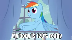 Size: 960x535 | Tagged: 20% cooler, derpibooru import, my body is ready, rainbow dash, safe, scrunchbow dash, scrunchy face, solo, spike at your service