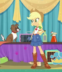 Size: 936x1079 | Tagged: safe, derpibooru import, screencap, applejack, winona, dog, best in show: the pre-show, equestria girls, equestria girls series, spoiler:eqg series (season 2), cage, collar, cropped, microphone, pet tag, tongue out