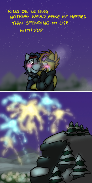 Size: 800x1583 | Tagged: safe, artist:captainhoers, derpibooru import, soarin', spitfire, pegasus, pony, firestarter spitfire, beard, blushing, clothes, crying, facial hair, female, fireworks, frost breath, goggles, hug, jacket, male, night, shipping, snow, soarinfire, straight, visible breath