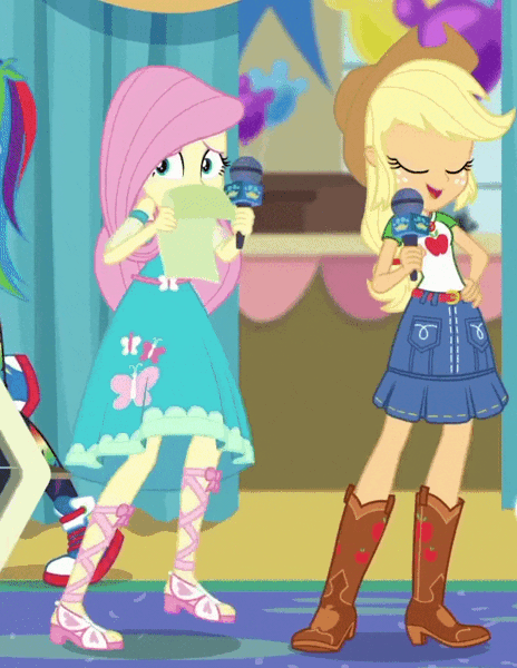 Size: 664x858 | Tagged: safe, derpibooru import, screencap, applejack, fluttershy, best in show: the pre-show, equestria girls, equestria girls series, spoiler:eqg series (season 2), animated, cropped, geode of super strength, magical geodes, microphone, offscreen character