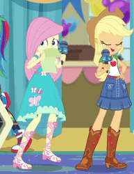 Size: 664x858 | Tagged: safe, derpibooru import, screencap, applejack, fluttershy, best in show: the pre-show, equestria girls, equestria girls series, spoiler:eqg series (season 2), animated, cropped, geode of super strength, magical geodes, microphone, offscreen character