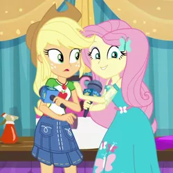 Size: 894x894 | Tagged: safe, derpibooru import, screencap, applejack, fluttershy, best in show: the pre-show, equestria girls, equestria girls series, spoiler:eqg series (season 2), applejack's hat, cowboy hat, cropped, female, geode of fauna, geode of super strength, hat, magical geodes