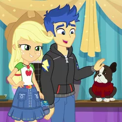 Size: 1077x1077 | Tagged: safe, derpibooru import, screencap, applejack, banana (dog), flash sentry, dog, best in show: the pre-show, equestria girls, equestria girls series, spoiler:eqg series (season 2), boston terrier, clothes, cropped, denim skirt, geode of super strength, magical geodes, microphone, petting, skirt