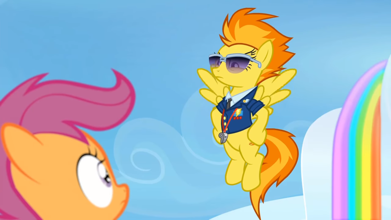 Size: 1920x1080 | Tagged: safe, derpibooru import, screencap, scootaloo, spitfire, pegasus, pony, the washouts (episode), clothes, duo, female, filly, foal, hooves on hips, mare, rainbow waterfall, sunglasses, uniform, whistle, wonderbolts dress uniform