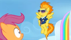 Size: 1920x1080 | Tagged: safe, derpibooru import, screencap, scootaloo, spitfire, pegasus, pony, the washouts (episode), clothes, duo, female, filly, foal, hooves on hips, mare, rainbow waterfall, sunglasses, uniform, whistle, wonderbolts dress uniform