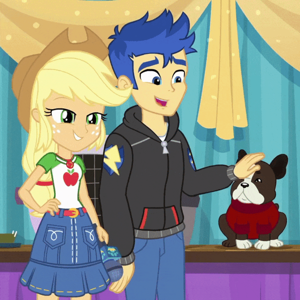 Size: 800x800 | Tagged: safe, derpibooru import, screencap, applejack, banana (dog), flash sentry, dog, best in show: the pre-show, equestria girls, equestria girls series, spoiler:eqg series (season 2), animated, applejack's hat, boston terrier, clothes, cowboy hat, cropped, cute, denim skirt, diasentres, female, geode of super strength, gif, hat, magical geodes, male, petting, skirt