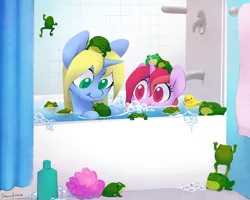 Size: 1280x1024 | Tagged: safe, artist:dawnfire, derpibooru import, oc, oc:art's desire, oc:dawnfire, unofficial characters only, frog, pony, unicorn, bath, bathtub, blowing bubbles, duo, female, mare, rubber duck, soap suds