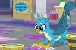 Size: 858x572 | Tagged: safe, derpibooru import, edit, edited screencap, screencap, gallus, the hearth's warming club, bucket of water, carnivore, cropped, furry reminder, implied gabby, lamp, school of friendship, scrubbing, text, thought bubble, tongue out