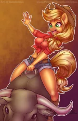 Size: 990x1530 | Tagged: safe, artist:bumblebun, derpibooru import, applejack, anthro, earth pony, applejack's hat, belly button, belt, boots, breasts, clothes, cowboy hat, female, freckles, hat, mechanical bull, midriff, nail polish, open mouth, shoes, shorts