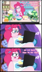 Size: 565x962 | Tagged: suggestive, artist:jamesawilliams1996, derpibooru import, gummy, pinkie pie, tank, series:twilight and pinkie's weight problems, equestria girls, equestria girls series, the craft of cookies, spoiler:eqg series (season 2), bed, belly, big belly, big breasts, breasts, chubbie pie, comic, computer, fat, kitchen, laptop computer, obese, pillow, pudgy pie