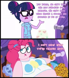 Size: 889x1012 | Tagged: suggestive, artist:jamesawilliams1996, derpibooru import, pinkie pie, sci-twi, twilight sparkle, series:twilight and pinkie's weight problems, equestria girls, equestria girls series, spoiler:eqg series (season 2), bed, belly, big belly, big breasts, breasts, chubbie pie, cookie, eating, fat, food, glasses, lamp, obese, pillow, pudgy pie