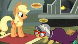 Size: 1152x648 | Tagged: a.k. yearling, applejack, applejack's hat, clothes, cowboy hat, cropped, daring do, daring don't, derpibooru import, dialogue, dress, edit, edited screencap, fireplace, g1, g1 to g4, generation leap, glasses, hat, implied ahuizotl, safe, screencap, speech bubble