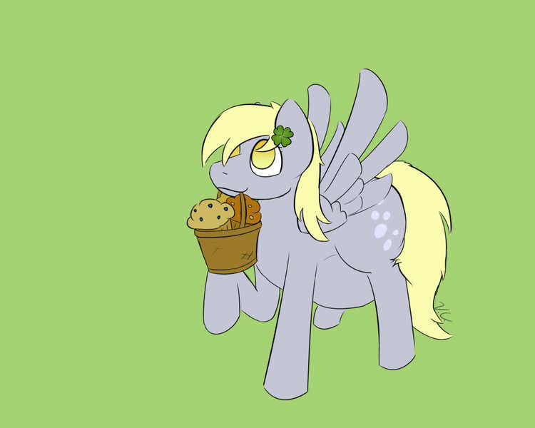 Size: 1500x1200 | Tagged: safe, artist:voraciouscutie, derpibooru import, derpy hooves, pegasus, pony, belly, chubby, derpy day, derpy day 2019, fetish, food, holiday, muffin, saint patrick's day, shamrock, spread wings, stuffed, the ass was fat, wings