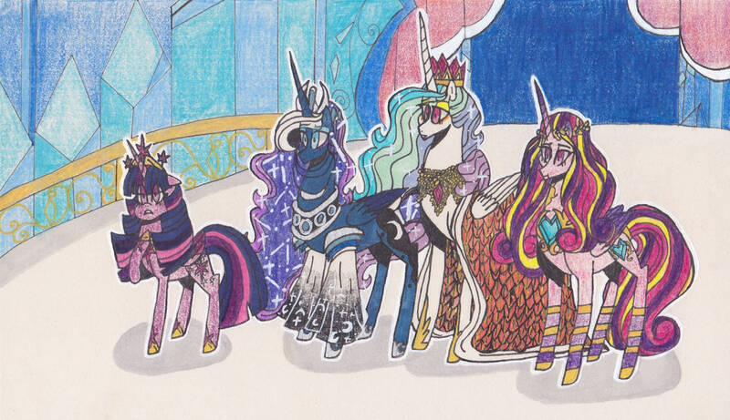 Size: 1280x738 | Tagged: safe, artist:draw1709, derpibooru import, princess cadance, princess celestia, princess luna, twilight sparkle, twilight sparkle (alicorn), alicorn, pony, twilight's kingdom, alicorn tetrarchy, clothes, dress, traditional art, you'll play your part