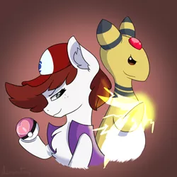 Size: 3000x3000 | Tagged: safe, artist:aurorafang, derpibooru import, oc, oc:graph travel, unofficial characters only, ampharos, pegasus, pony, clothes, duo, electricity, freckles, hat, pokéball, pokémon, simple background, smiling, smirk, vest
