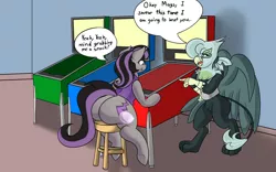 Size: 1600x1000 | Tagged: safe, artist:mad'n evil, derpibooru import, oc, oc:magna-save, oc:mai, gryphon, pony, unicorn, series:pinball gain, butt, clothes, dialogue, large butt, pinball, pinball machine, plot, sitting, stool