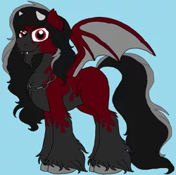 Size: 1648x1643 | Tagged: safe, artist:rosefang16, derpibooru import, oc, oc:winter's howl, unofficial characters only, demon, demon pony, original species, pony, bat wings, blue background, chains, horns, male, markings, nose piercing, nose ring, piercing, simple background, solo, stallion, unshorn fetlocks, wings