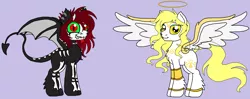 Size: 2432x960 | Tagged: safe, artist:rosefang16, derpibooru import, oc, oc:bone meal (ice1517), oc:golden laurel (ice1517), unofficial characters only, demon, demon pony, original species, pony, angel, anklet, bat wings, beard, bracelet, chest fluff, choker, colored sclera, devil tail, duo, eyeshadow, facial hair, female, goatee, halo, horns, jewelry, leg fluff, lip piercing, makeup, male, mare, markings, nose piercing, nose ring, piercing, purple background, simple background, spiked choker, spread wings, stallion, wing fluff, wings