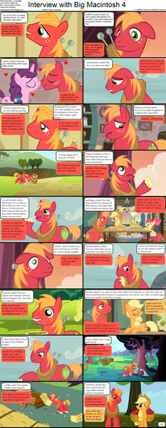 Size: 1282x3304 | Tagged: safe, derpibooru import, apple bloom, applejack, big macintosh, granny smith, sugar belle, earth pony, pony, comic:celestia's servant interview, apple, apple family, bucket, caption, cs captions, cute, female, filly, floppy ears, foal, food, hay bale, implied marble pie, interview, letter, macabetes, male, mare, nuzzling, smiling, stallion, sugarbetes