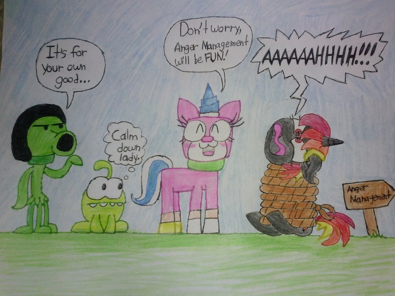 Size: 2592x1944 | Tagged: artist:mlprainbowbrush, crossover, cut the rope, derpibooru import, lego, non-mlp oc, oc, oc:flaming pen, oc:leafy, om nom (character), peashooter, plants vs zombies, safe, the lego movie, traditional art, unikitty