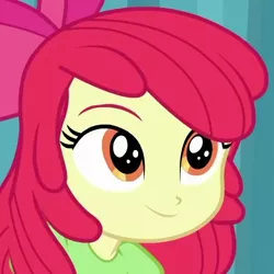 Size: 500x500 | Tagged: safe, derpibooru import, screencap, apple bloom, best in show: the pre-show, equestria girls, equestria girls series, spoiler:eqg series (season 2), adorabloom, apple bloom's bow, bow, cropped, cute, female, hair bow, smiling, solo