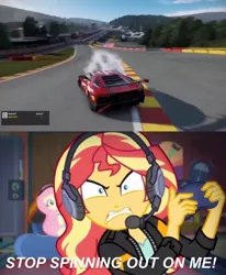 Size: 750x908 | Tagged: safe, derpibooru import, fluttershy, sunset shimmer, equestria girls, equestria girls series, game stream, spoiler:eqg series (season 2), angry, car, circuit de spa francorchamps, controller, eau rouge, forza motorsport 7, gameplay, gamer sunset, headset, headset mic, lamborghini, lamborghini aventador sv, microsoft, race track, raidillon, read description, sunset gamer, sunset shimmer frustrated at game, sunset the angry gamer, xbox, xbox one, youtube link